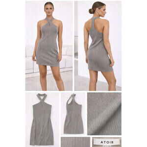Atoir Jasper Mini Dress AU 12 US 8 Ash Gray Ribbed Bodycon Halter Minimalist
